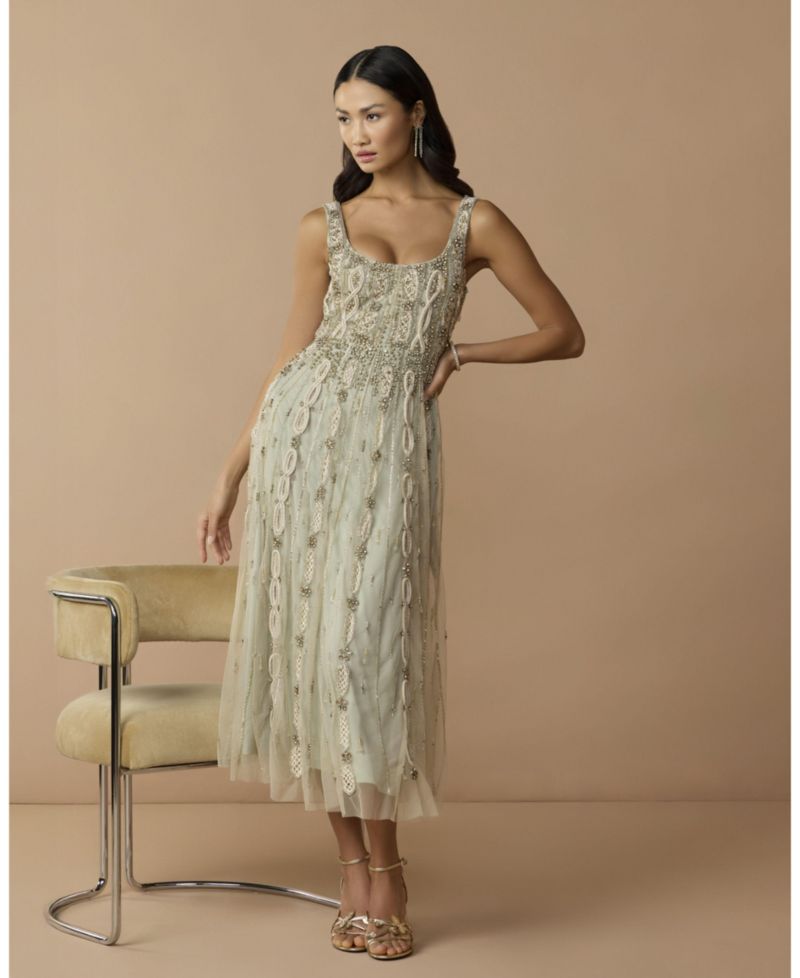 Petite Embellished Scoop Neck Mesh Midi Dress