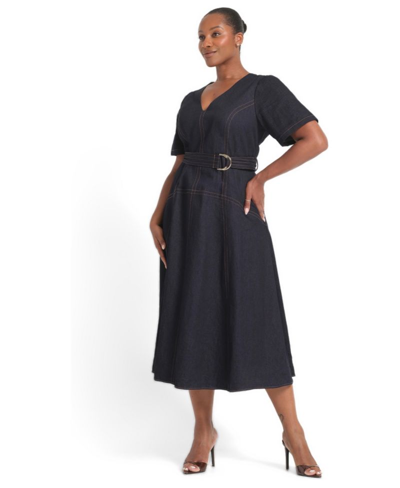 Plus Size Lyra V-Neck Fit & Flare Midi Denim Dress