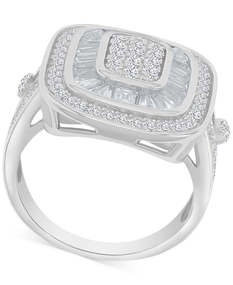 Cubic Zirconia Round & Baguette Halo Cluster Statement Ring in Sterling Silver