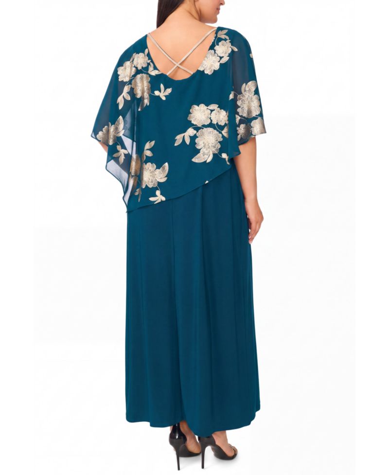 Petite Metallic Floral-Print Crewneck Short-Sleeve Maxi Dress