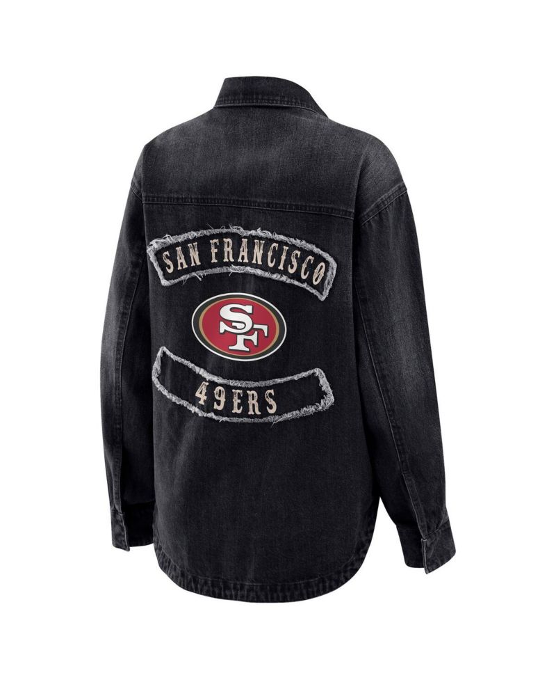 Women's Black San Francisco 49ers Washed Oversized Denim Full-Snap Shacket