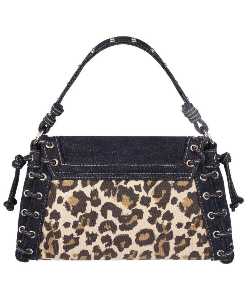 Denim Leopard Eyelet Trim Flap Bag