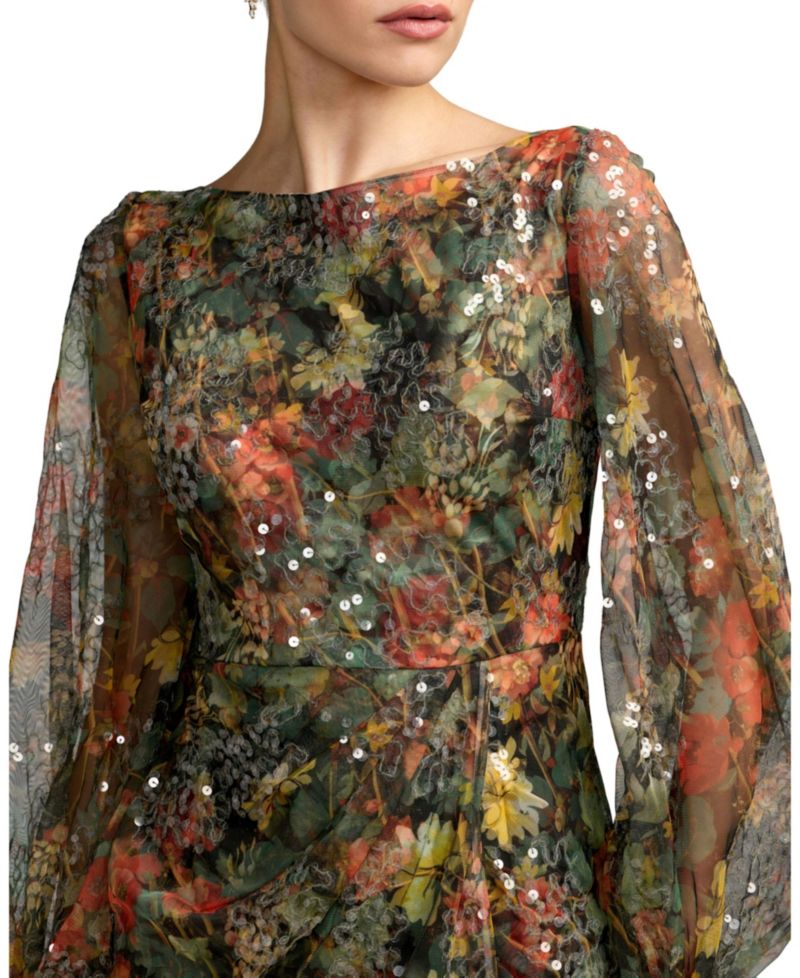 Women's Floral Applique Sequined Puff Sleeve Gown