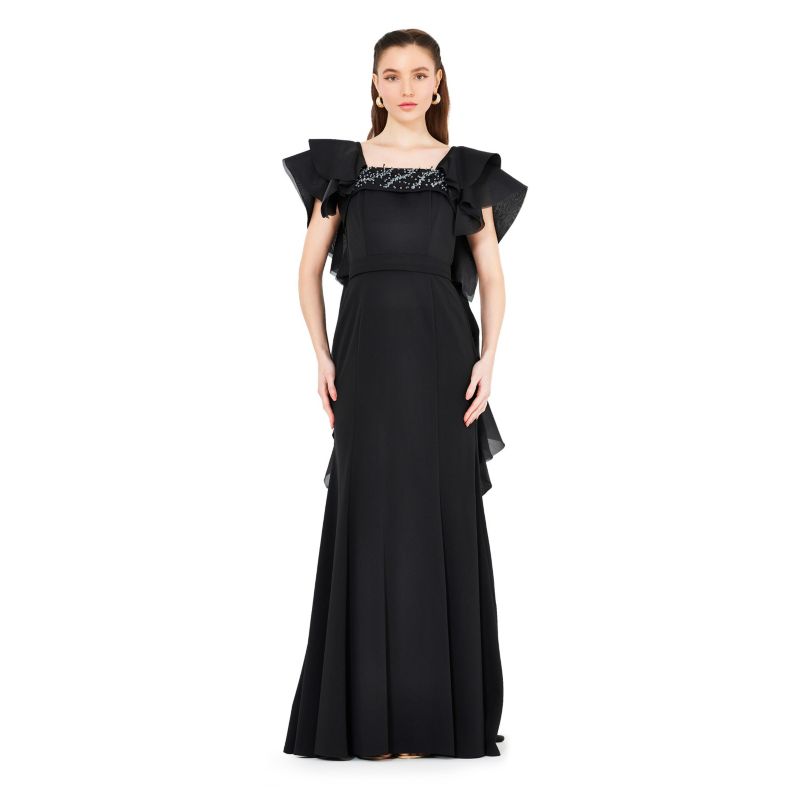 Women's Cascading Sleeves Gown with Embellished Neckline