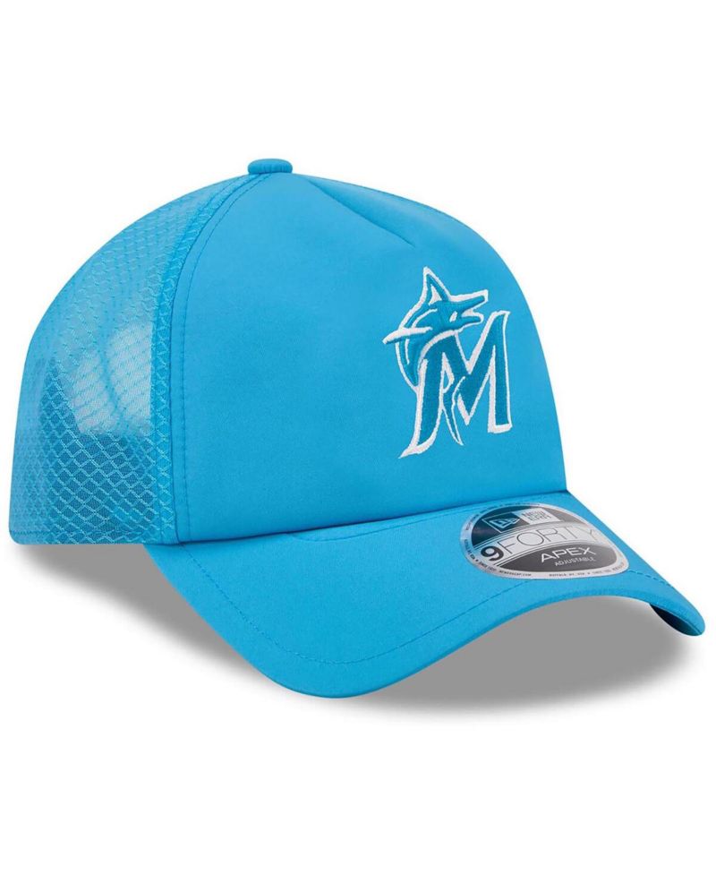 Men's Blue Miami Marlins 2026 Batting Practice Apex 9FORTY Adjustable Trucker Hat