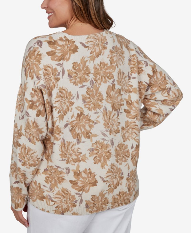 Plus Size Floral-Print Crewneck Long-Sleeve Sweater