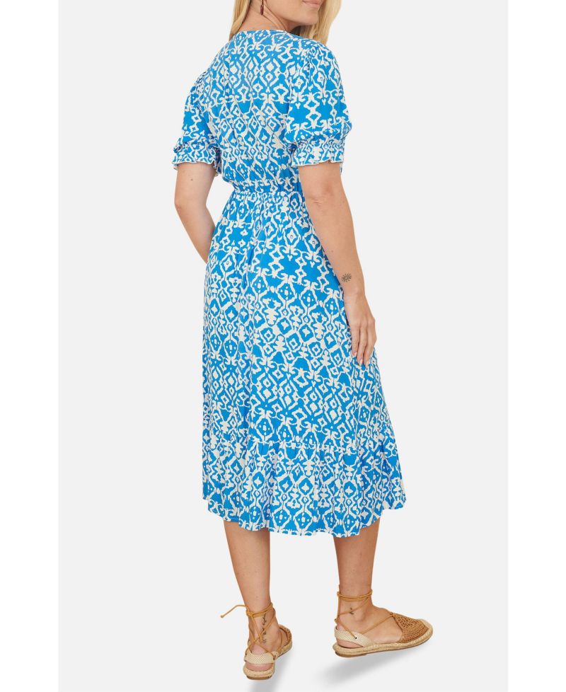 Women's Geometric Print Puff Sleeve Midi Dress