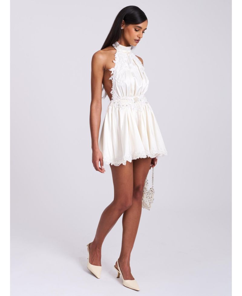 Women's Idalia Beaded Lace Trim Backless Halter Mini Dress
