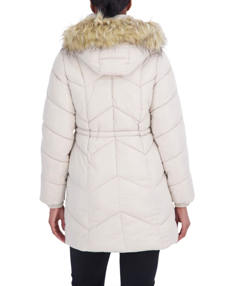 Women's 3/4 Hooded Faux Fur Trimmed Puffer Coat