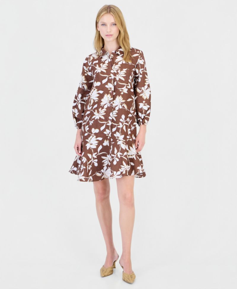 Plus Size 100% Linen Collared Flounce Dress