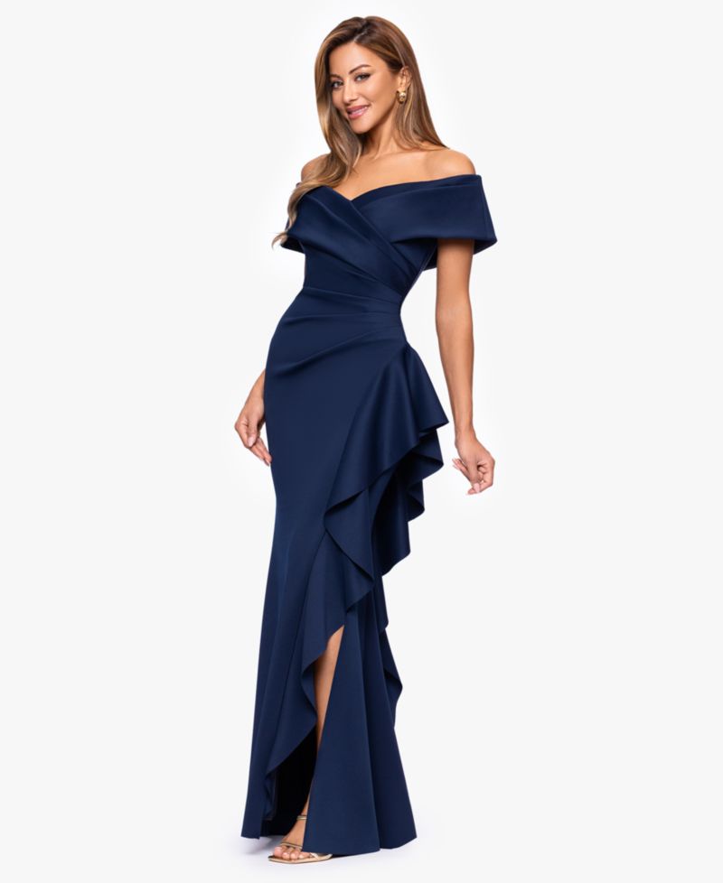 Petite Sweetheart Neck Side Ruffle Off-The-Shoulder Long Dress