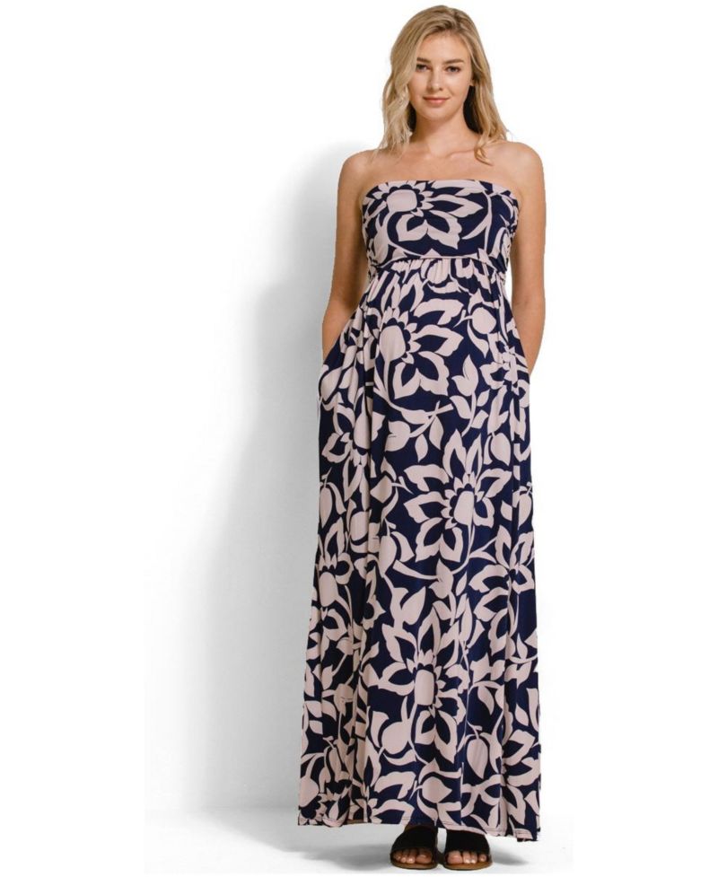 Women's Floral Strapless Empire Waist Maxi Dress with Side Pockets