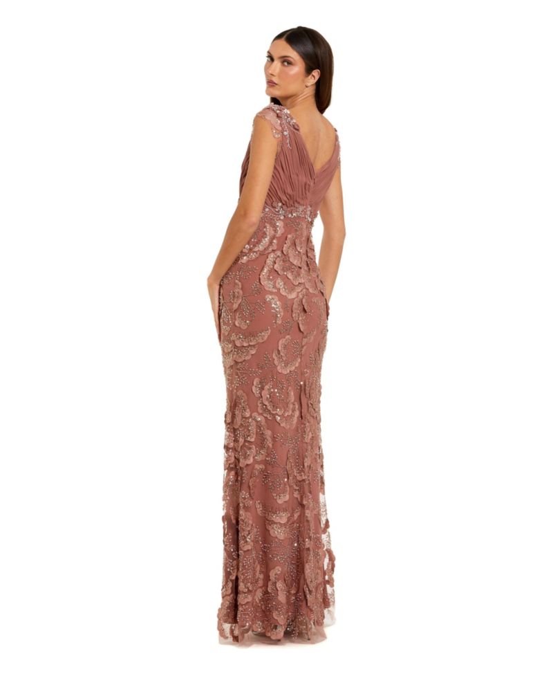 Women's Floral Beaded Chiffon V-Neck Evening Gown