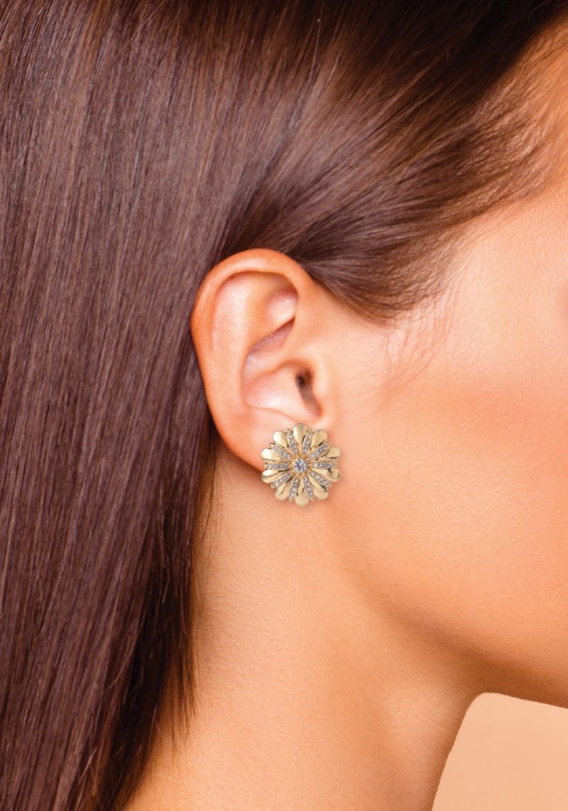 Gold Tone Flower Button Earrings