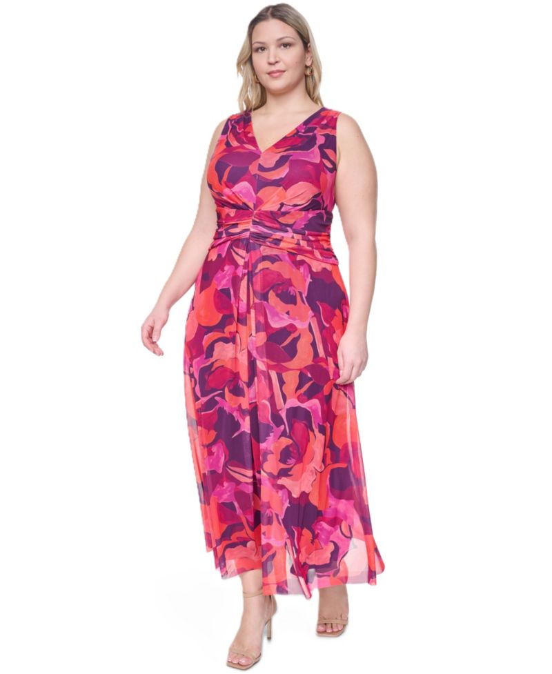 Plus Size Sleeveless V-Neck Ruched Waist Midi Dress