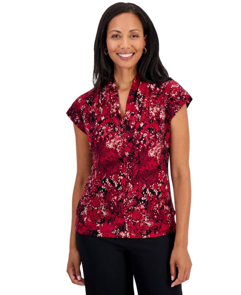 Petite Funnel Neck Cap-Sleeve Print Blouse