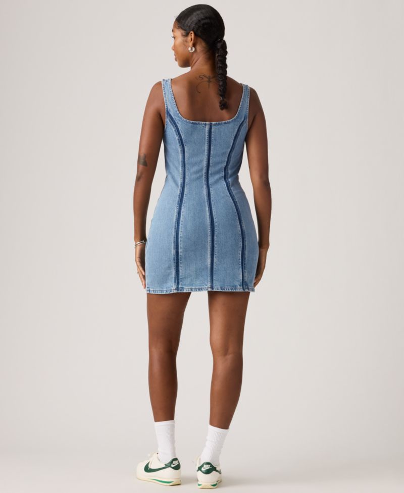 Premium Women's Seamed Figure Hugging Slim Fit Square Neck Cotton Dress