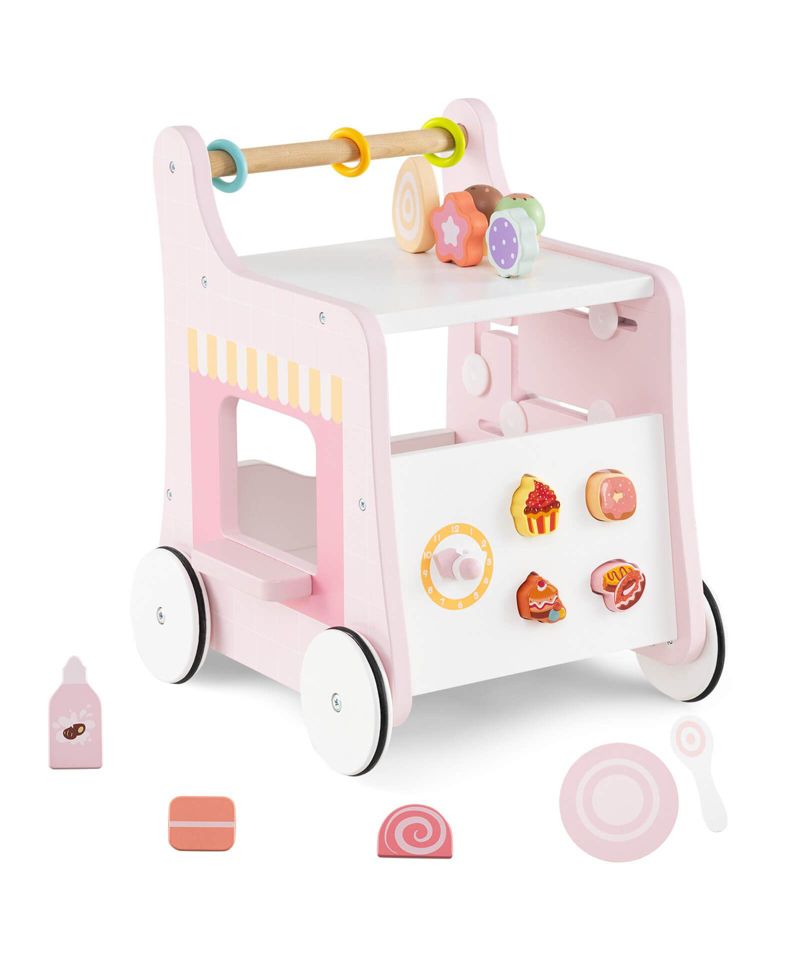 Wooden Baby Walker Ice Cream Cart Toy with Sweet Accessories & Smooth Wheels