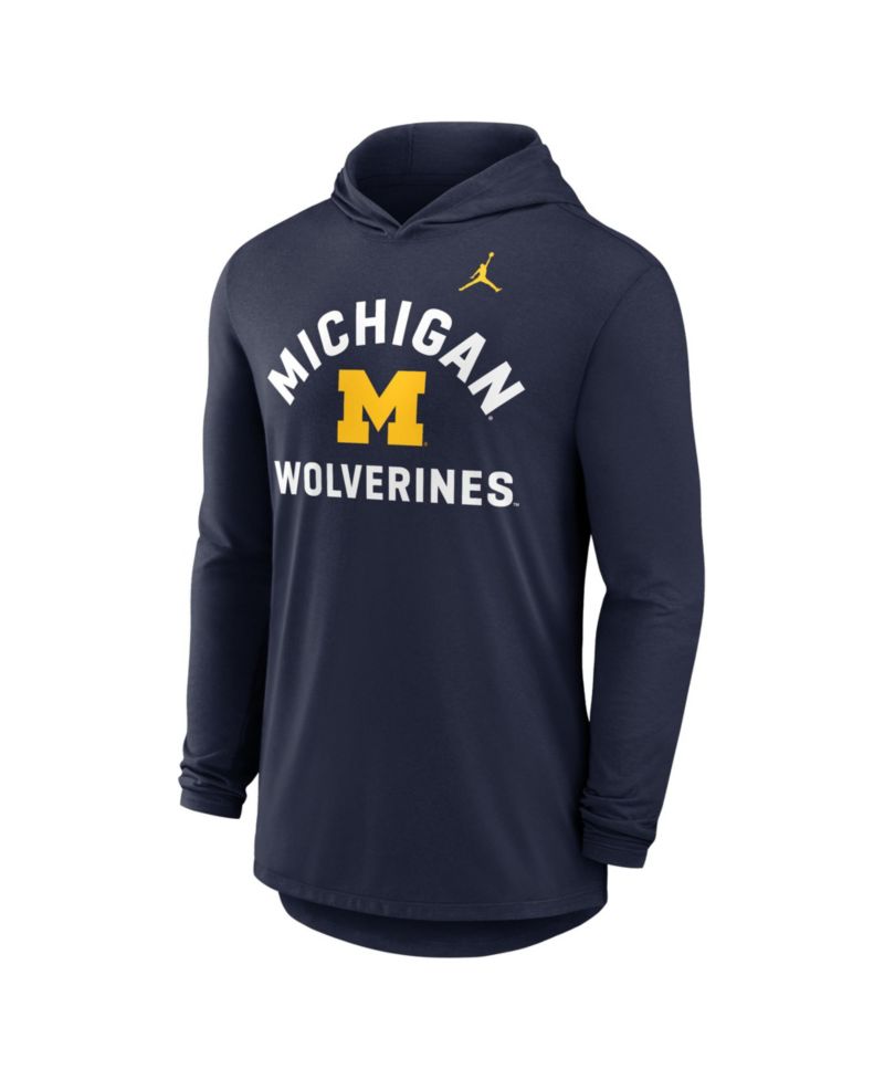 Men's Navy Michigan Wolverines Primetime Arch Tri-Blend Dri-FIT Long Sleeve Hooded T-Shirt