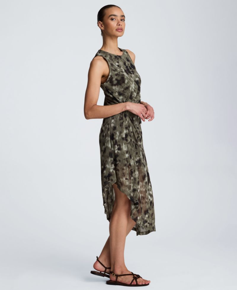 Women's Sheer Mesh Overlay Asymmetric Hem Midi Dress