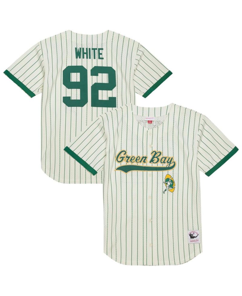 Men's Reggie White Cream Green Bay Packers Name & Number Mesh Button-Up Baseball Jersey