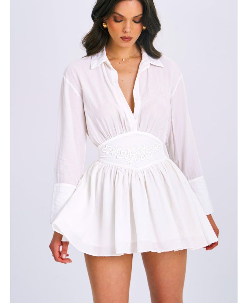 Women's Jamila White Shirt Mini Dress with Embroidered Waist Detail