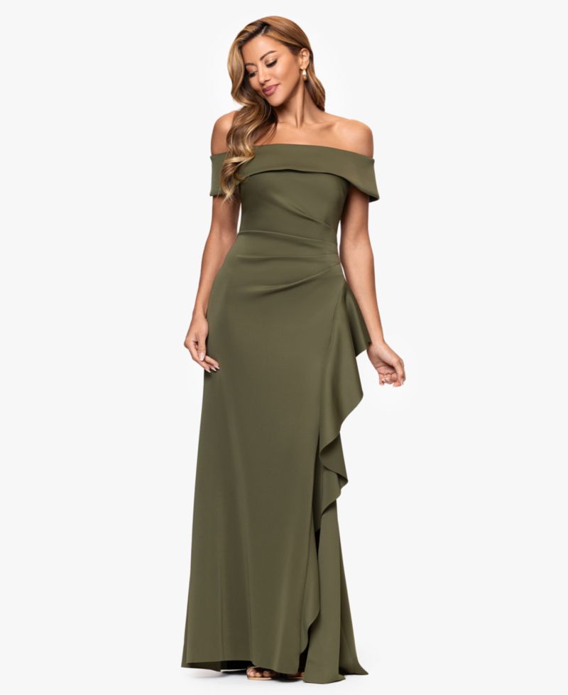 Petite Off-The-Shoulder Ruffled Side-Slit Gown