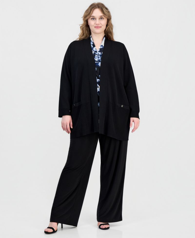 Plus Size Collarless Open-Front Cardigan