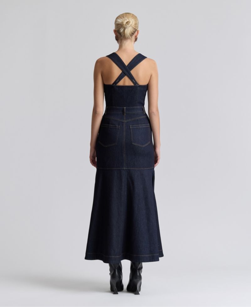 Women's Stretch Denim Cargo Zip-Front Midi Dress