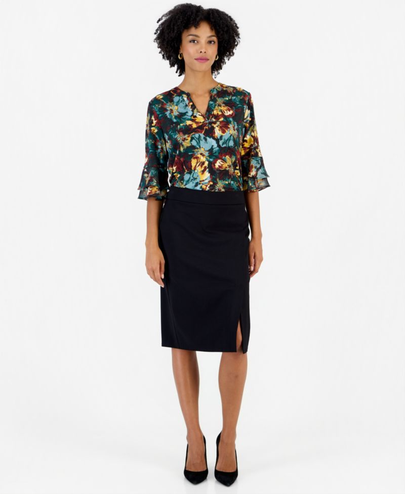 Women's High-Waisted Faux-Wrap Front-Slit Skirt