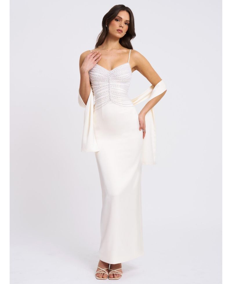 Women's Karmen Pearl Top Pencil Slip Gown with Scarf