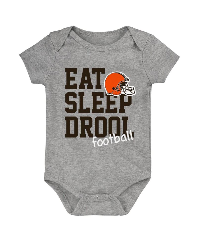 Baby Boys and Girls Brown, Orange, Heather Gray Cleveland Browns Three-Pack Eat, Sleep and Drool Retro Bodysuit Set