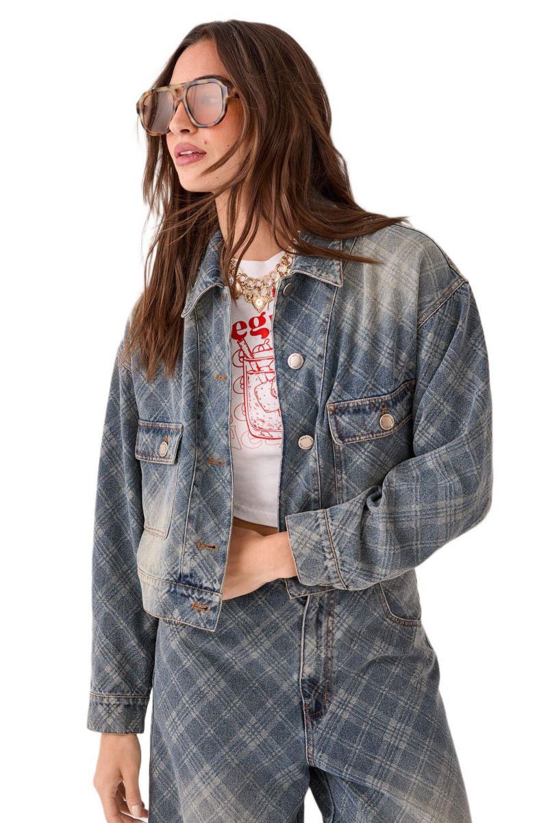 Women's Check Denim Distressed Jacket