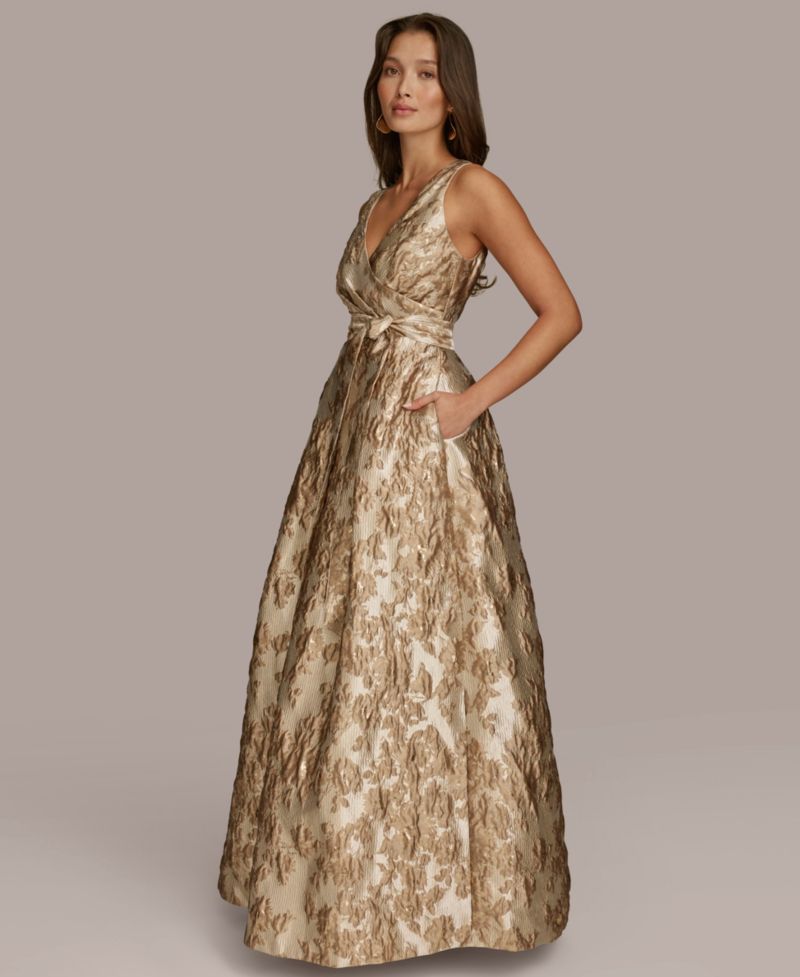 Women's Metallic Brocade Sleeveless Wrap Ball Gown