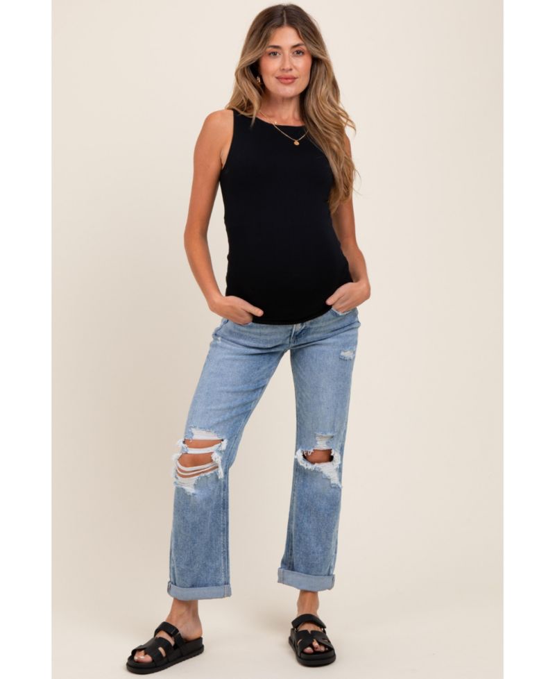 Women's Light Blue Ripped Knee Rolled Cuff Straight Leg Jeans