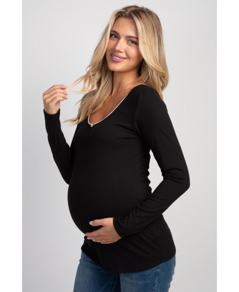 Maternity Long-Sleeve Scoop-Neck Lace-Trim T-Shirt