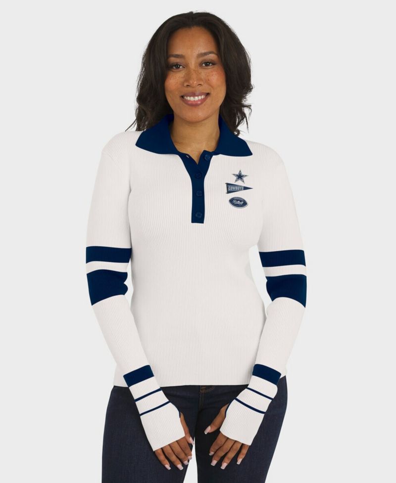 Women's White Dallas Cowboys Ribbed Henley Polo Sweater