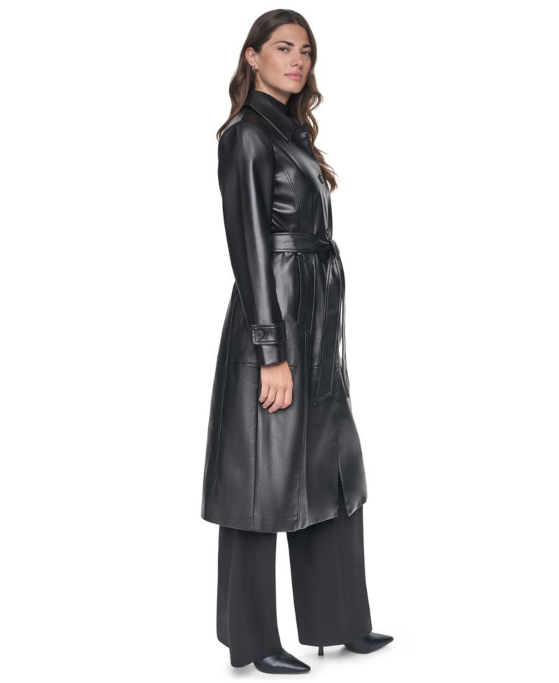Women's Belted Long Faux Leather Trench Coat
