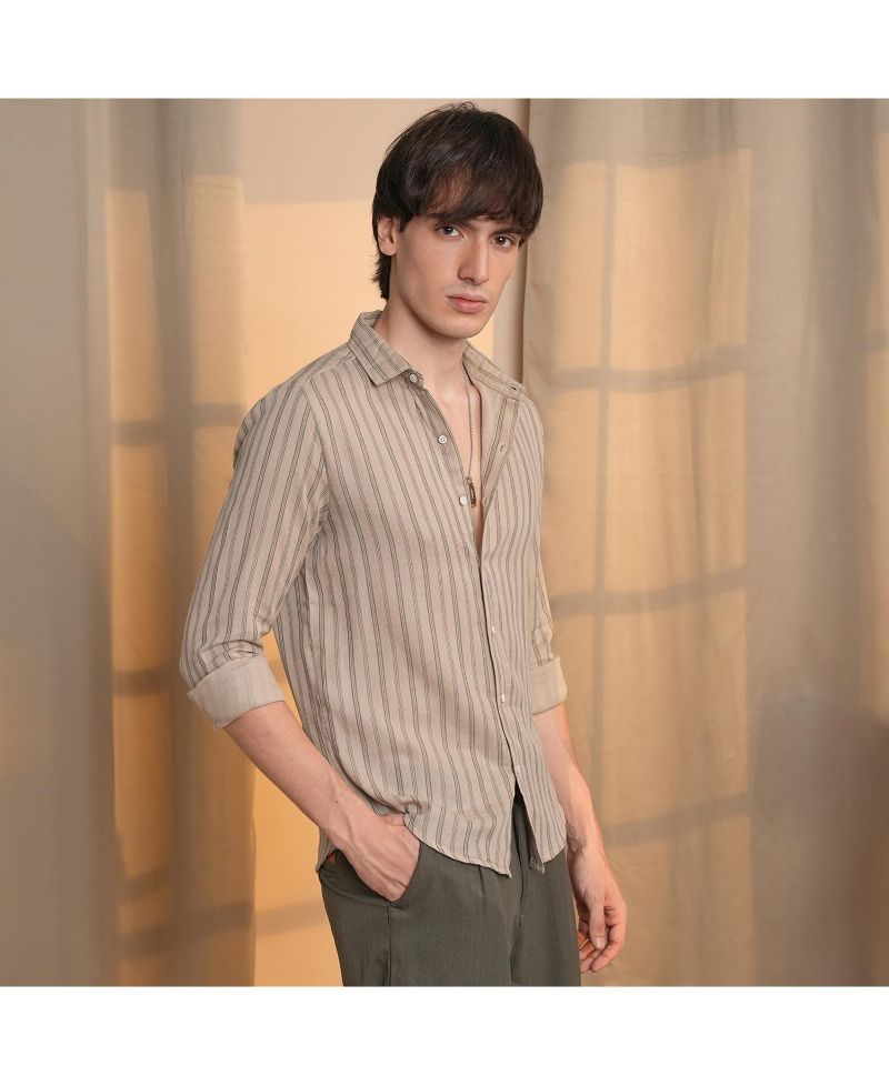 Men's Khaki Brown Halo-Striped Shirt