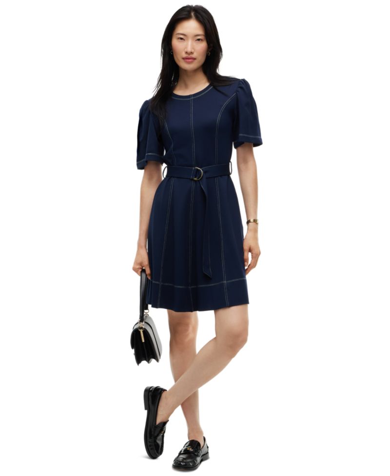 Women's Top Stitch Ponte Short-Sleeve Crewneck Mini Dress