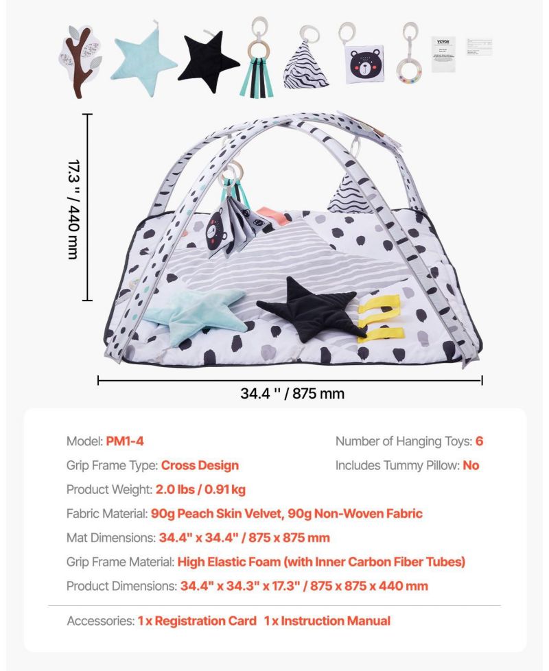 Infant Foldable Washable Play Gym Mat with 6 Detachable Toys