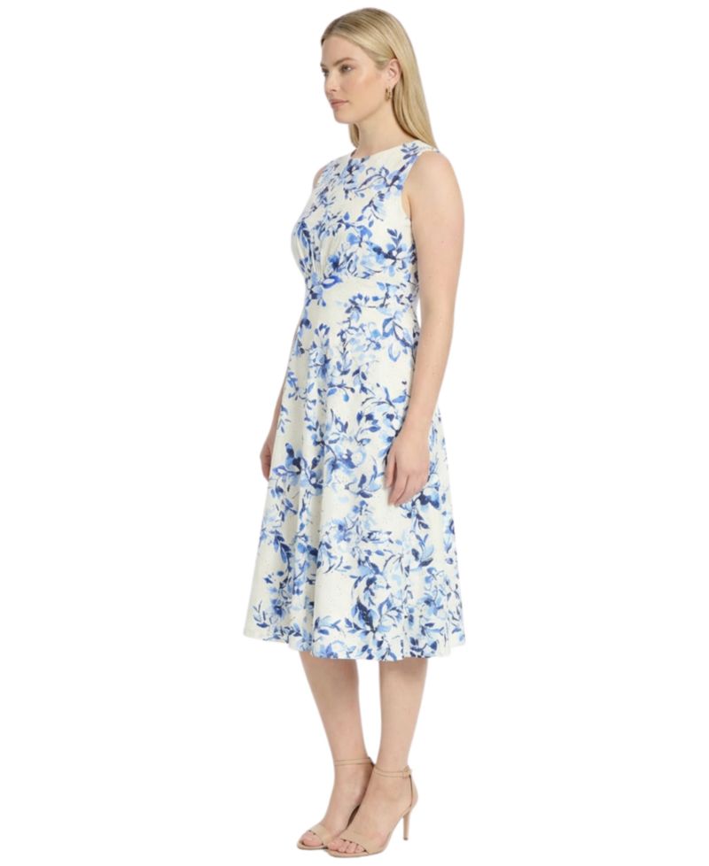 Plus Size Printed Jewel Neck Eyelet Midi Dress