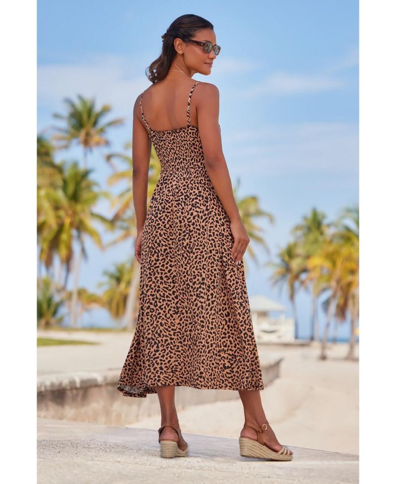 Women's Viscose Animal Print Smocked Square-Neck Midi Dress