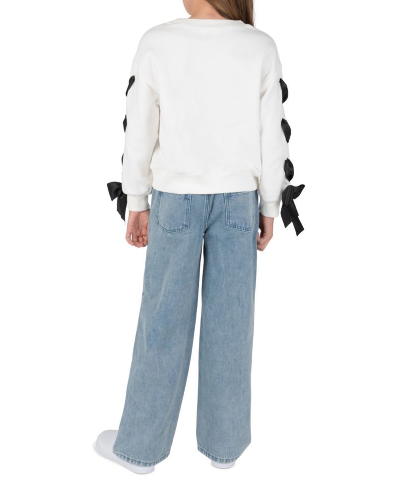 Girls' 7-12 Bow-Trim Sweatshirt and Bow-Embellished Wide-Leg Denim Pants, 2-Piece Set