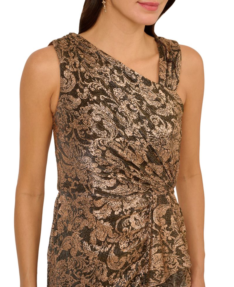 Women's Asymmetrical-Neck Metallic-Crinkle Wedding Guest Long Dress