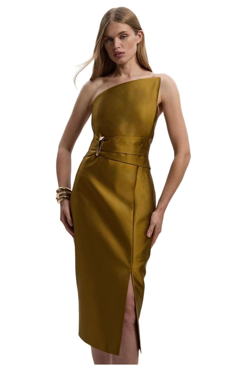 Women's Satin Twill Asymmetric Neck Midi Dress