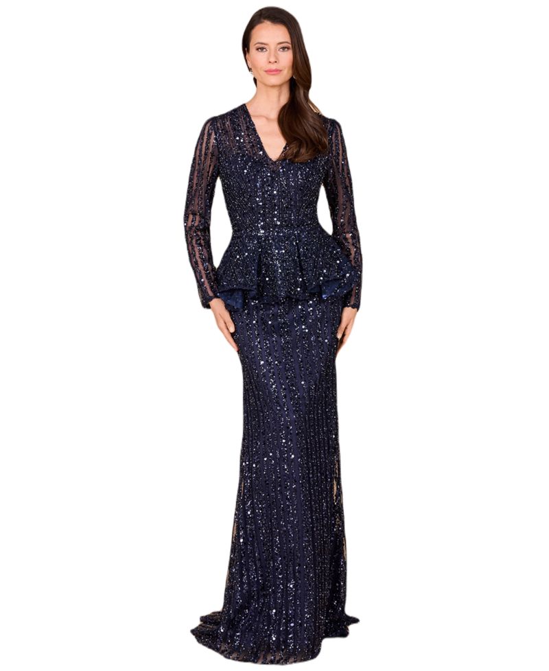 Women's Long Sleeve Beaded Peplum Dress