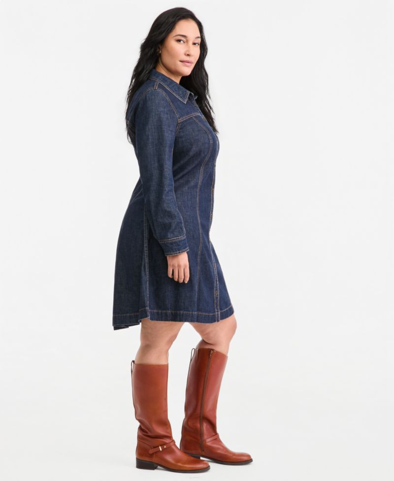 Plus Size Denim Long-Sleeve Mini Dress