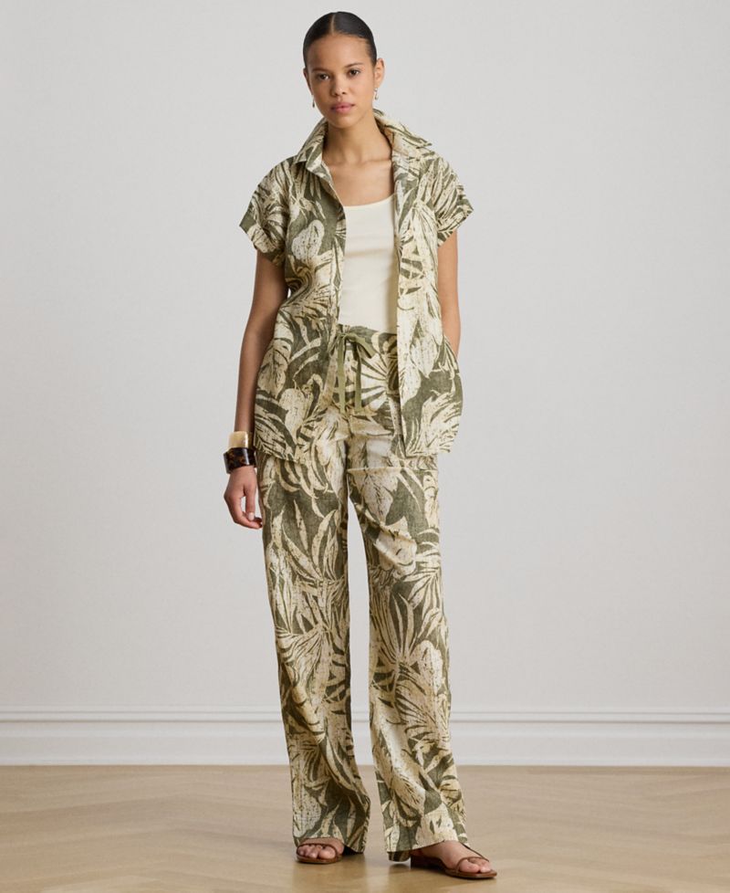 Women's Mid-Rise Palm-Frond-Print Wide-Leg Pants
