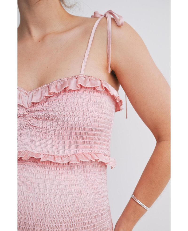Women's Smocked Bodycon Midi Dress with Ruffle Trim and Tie Straps